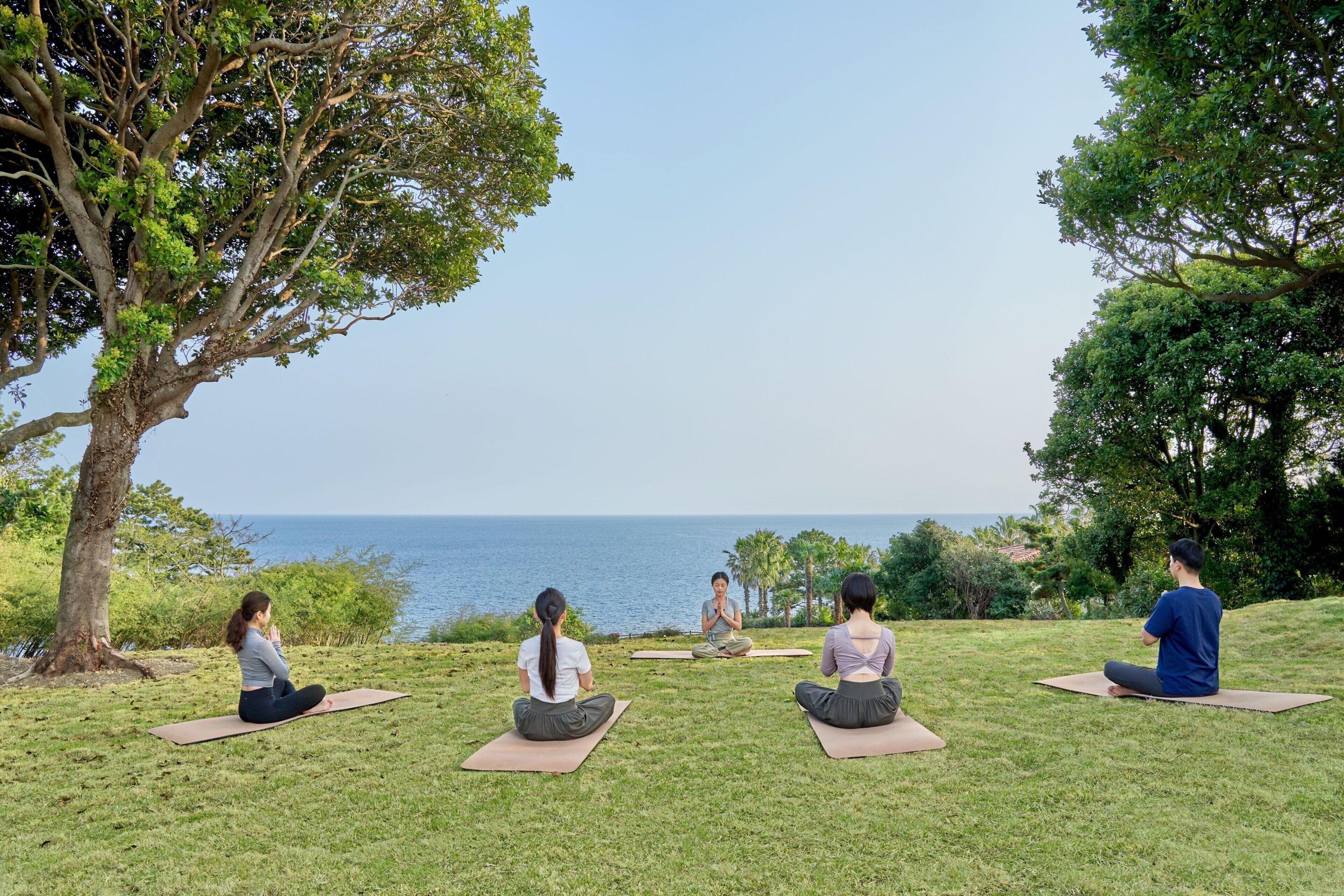 A group of people sitting on yoga mats outdoors with a view of the sea.