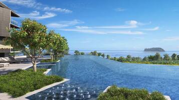 A modern hotel with an infinity pool, lush greenery, and a view of the sea.
