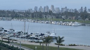 Ein Yachthafen mit verschiedenen vor Anker liegenden Booten, einer Stadtkulisse im Hintergrund und einer gepflegten Uferpromenade.