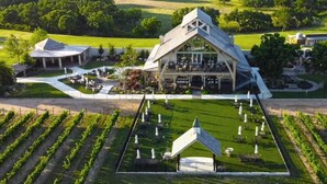 A vineyard with rows of grapevines, a large building with a sloped roof, and a patio area with outdoor seating. - 3/2, Private hot tub, fireplace, firepit (Blanco)