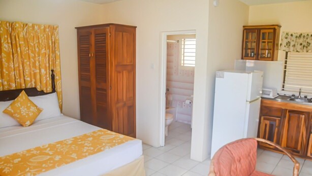 Un dormitorio con cama, armario, silla y kitchenette.