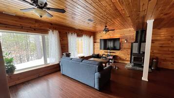 Älytelevisio, takka, DVD-soitin, tietokoneen näyttö