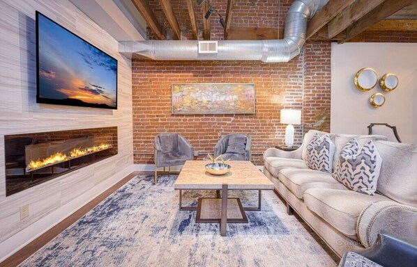 TV, fireplace, books