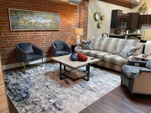 TV, fireplace, books