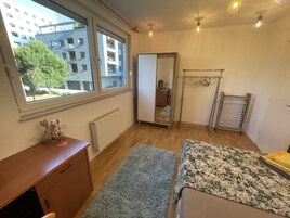 2 bedrooms, desk, laptop workspace, iron/ironing board