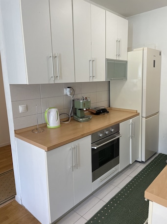 Full-size fridge, microwave, oven, dishwasher