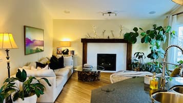 Smart TV, chimenea y libros