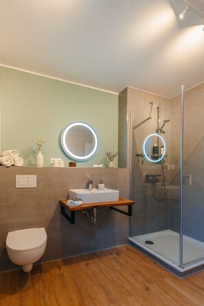 Shower, hair dryer, towels, soap - Apartment with large roof terrace in the forest on Ratzeburger Küchensee (5 stars DTV) (Ratzeburg)