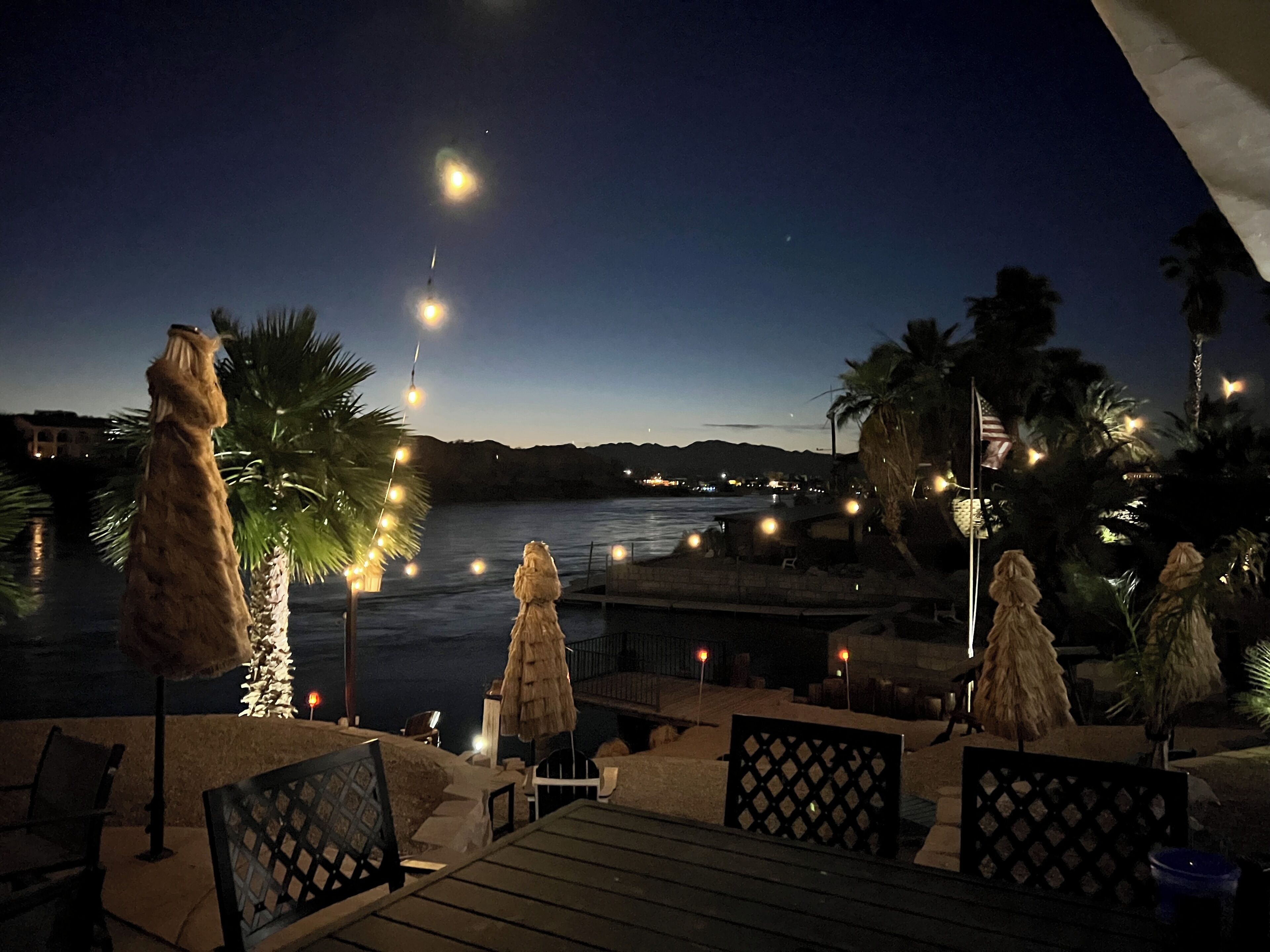 Un espacio al aire libre con mesas, sillas, palmeras y luces colgantes.
