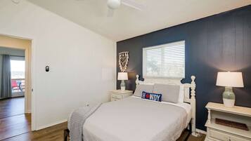 4 bedrooms, memory-foam beds, desk, iron/ironing board