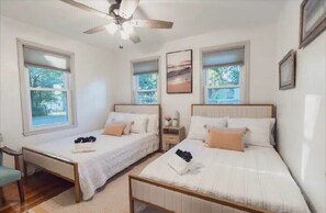 Two single beds with bedside tables and lamps, a ceiling fan, and a framed picture adorn this stylish room.