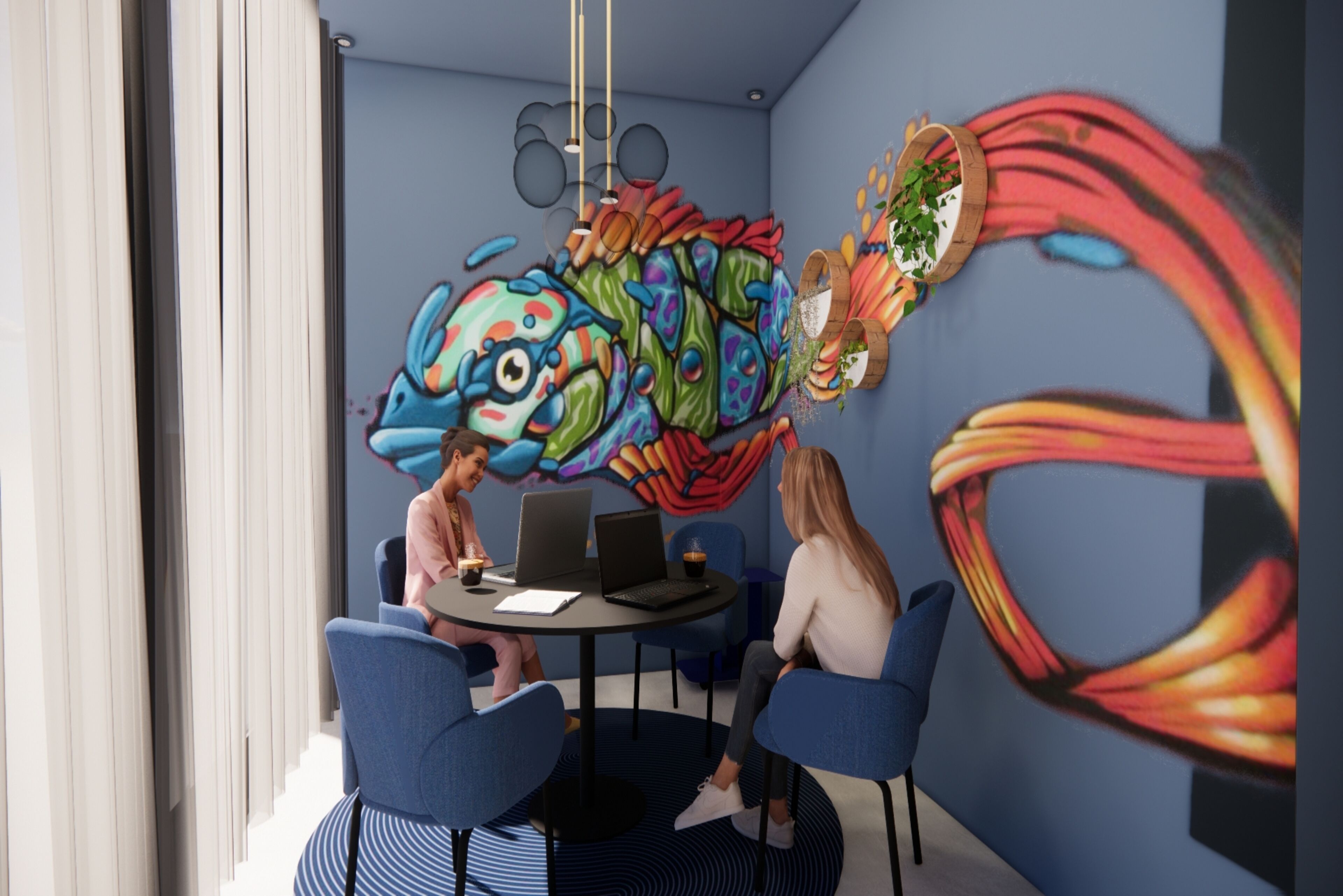 Una sala de reuniones moderna con una mesa redonda, sillas azules y un mural colorido en la pared.