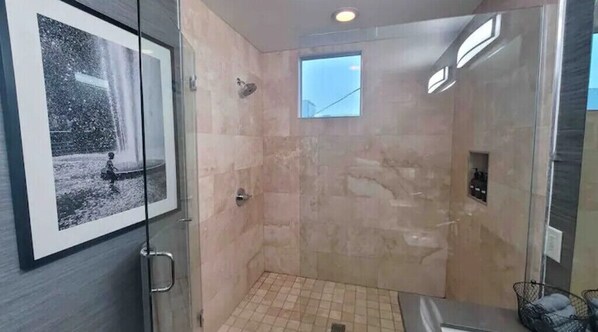 Hair dryer, towels, soap, shampoo