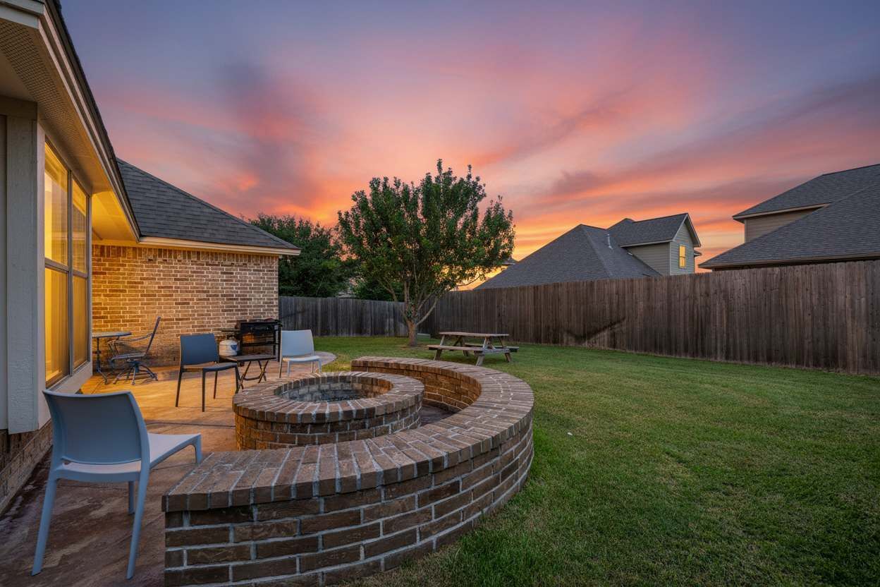 A backyard with a brick fire pit, outdoor seating, and a wooden fence.