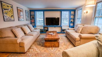 Smart TV, fireplace, books