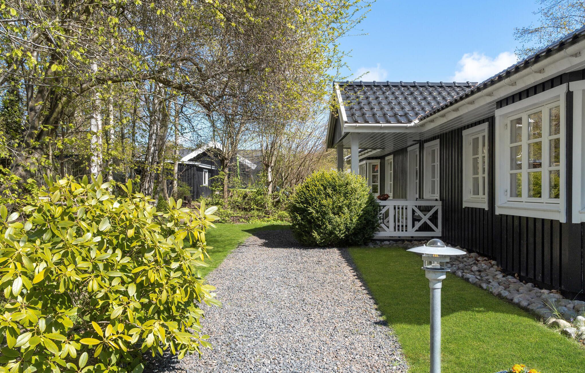 En sti, der fører til et hus med en veranda, omgivet af grønt og en grusvej.