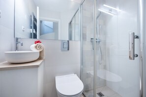 Shower, hair dryer, towels