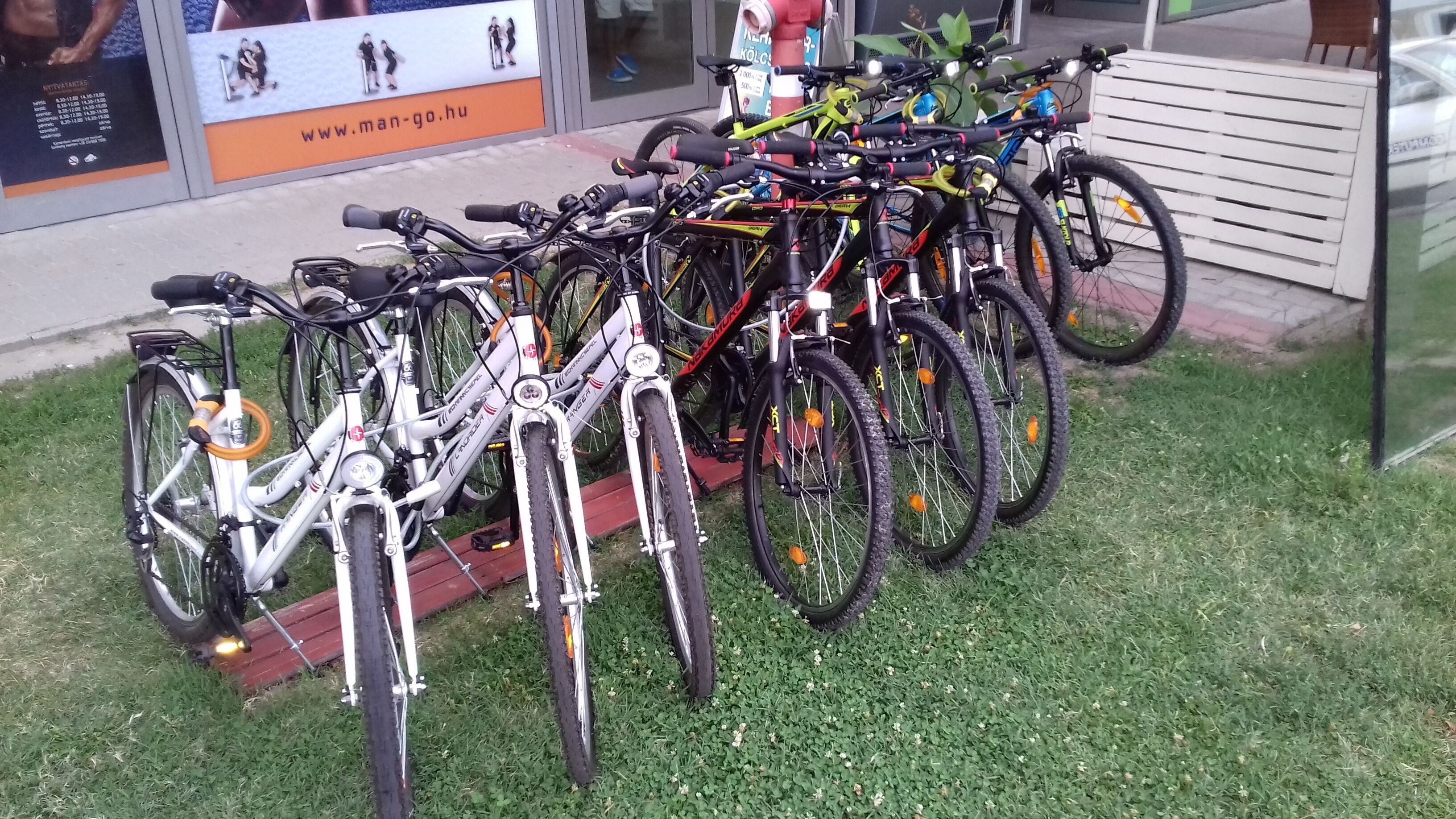 Diverse biciclette parcheggiate su un'area verde di fronte a un edificio.