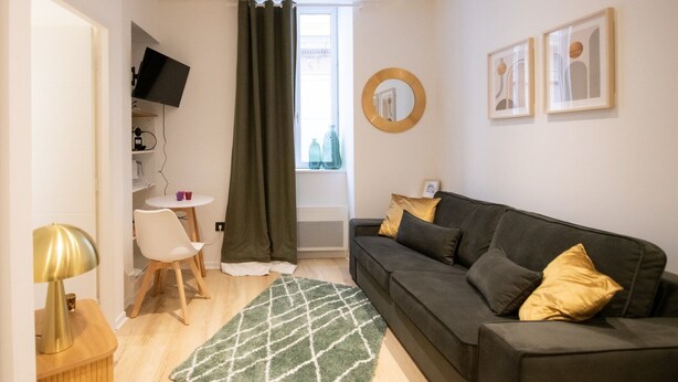 A compact living space with a sofa, a small table, a chair, a TV, and a window with curtains. - Nice little studio near Opera (Lyon)