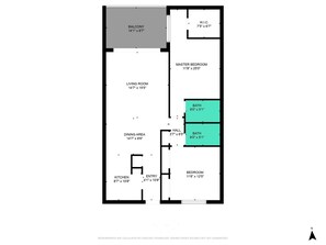 Grundriss eines Hauses mit Balkon, Schlafzimmer, Wohnzimmer, Essbereich, Küche, Eingangsbereich, Flur, zwei Bädern und einem weiteren Schlafzimmer.