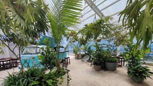 A greenhouse with potted plants, a blue van, and outdoor seating.