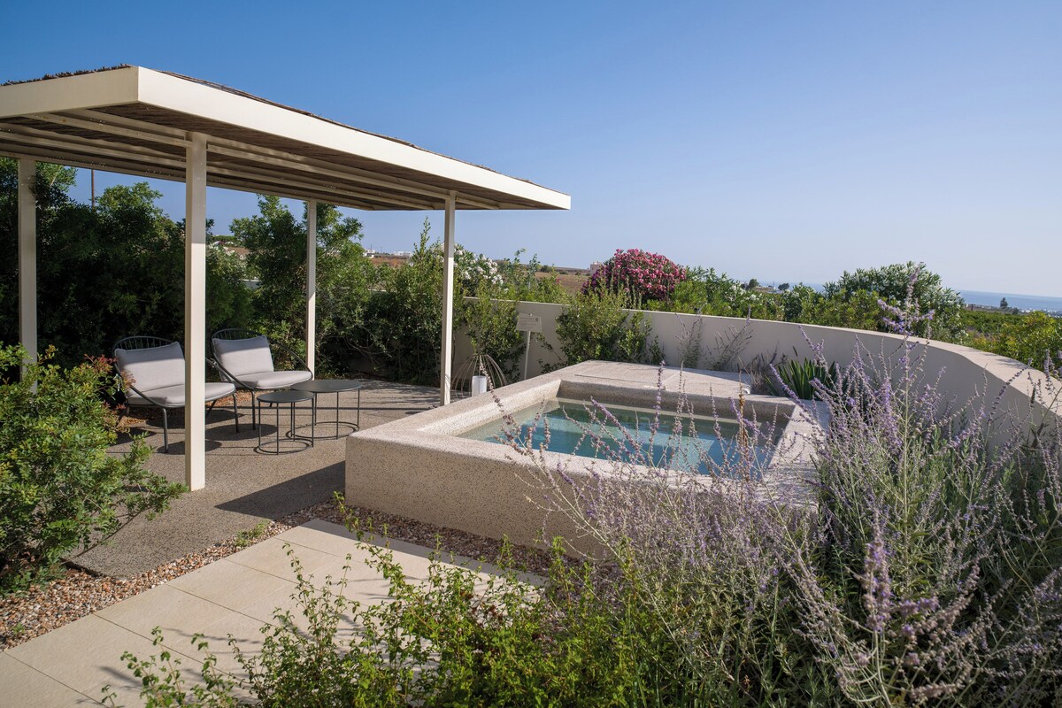 A covered outdoor area with a pool, lounge chairs, and a pergola.