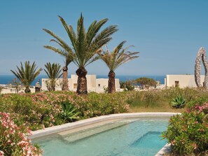 A pool surrounded by palm trees and flowers, with a view of the sea and buildings in the background. - Nous Santorini (Santorini)