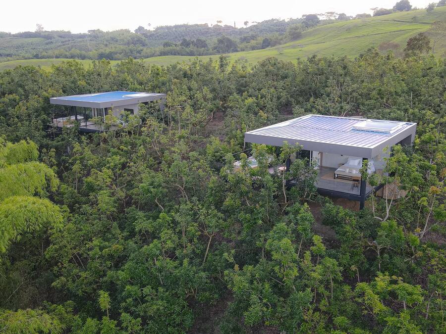 Deux maisons modernes, entourées d’une forêt dense, dont l’une possède un grand balcon en verre.