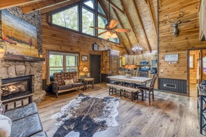 Smart TV, fireplace, books