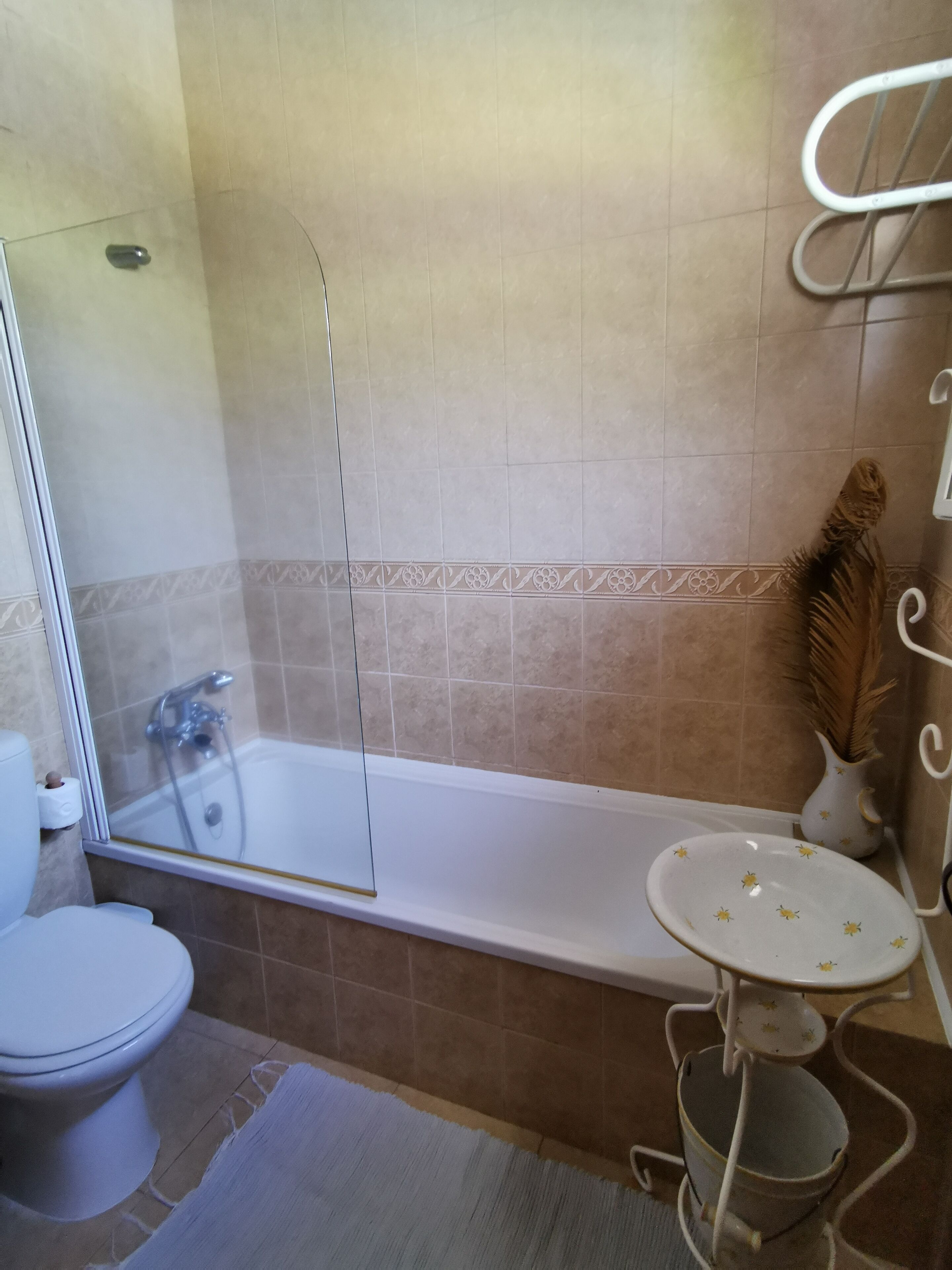 Un baño con ducha de vidrio, un lavamanos blanco con una jarra decorativa y un inodoro.