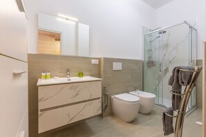 Shower, hair dryer, bidet, towels