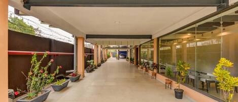 A corridor with potted plants, a glass wall, and a ceiling structure.