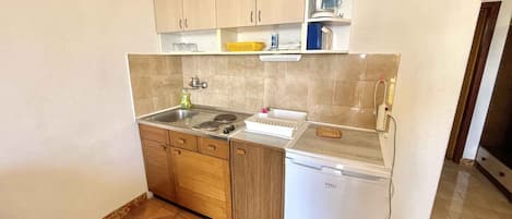 Fridge, stovetop, cookware/dishes/utensils