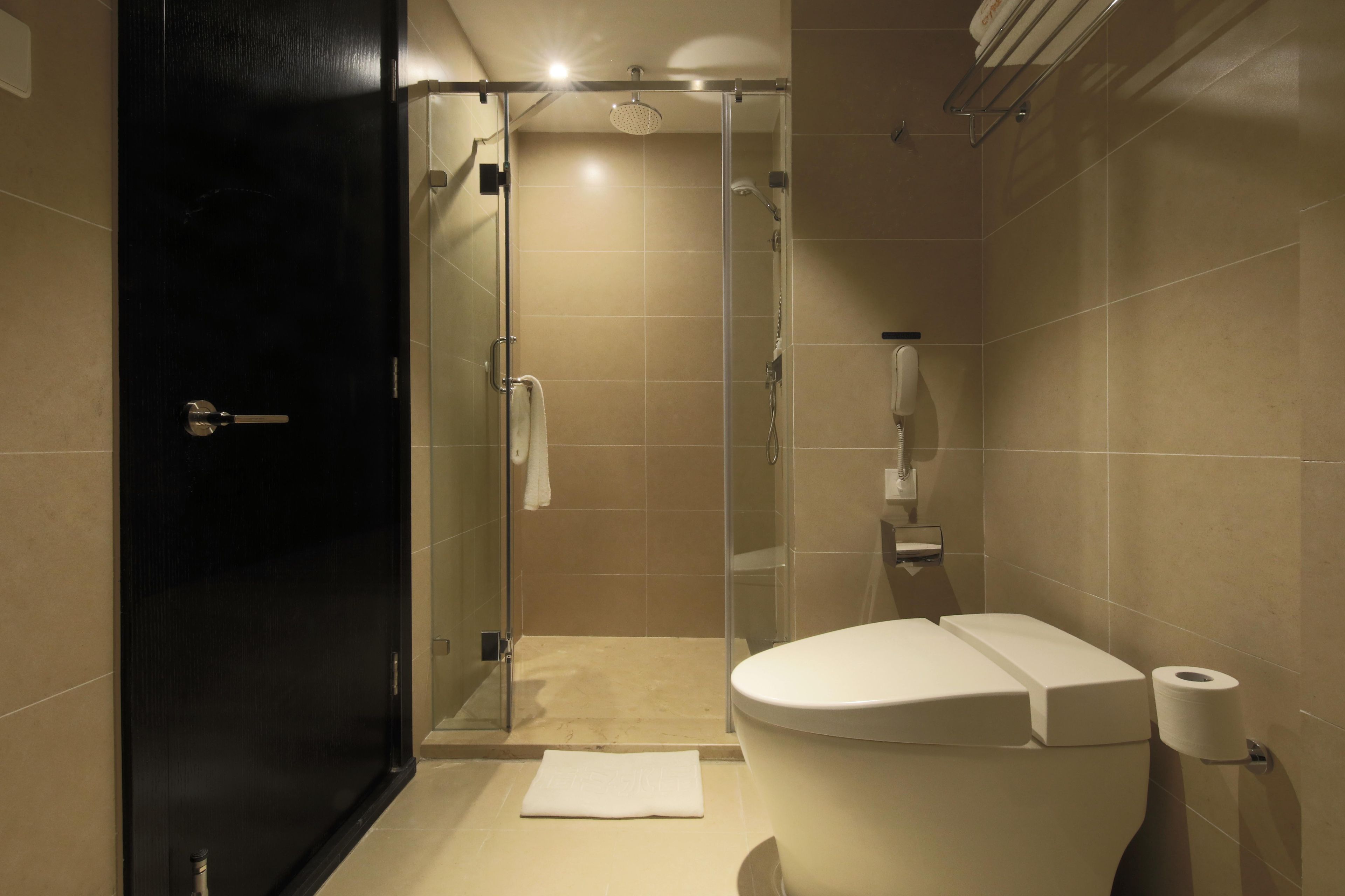 A bathroom with a toilet, a shower, and a glass-enclosed shower area.