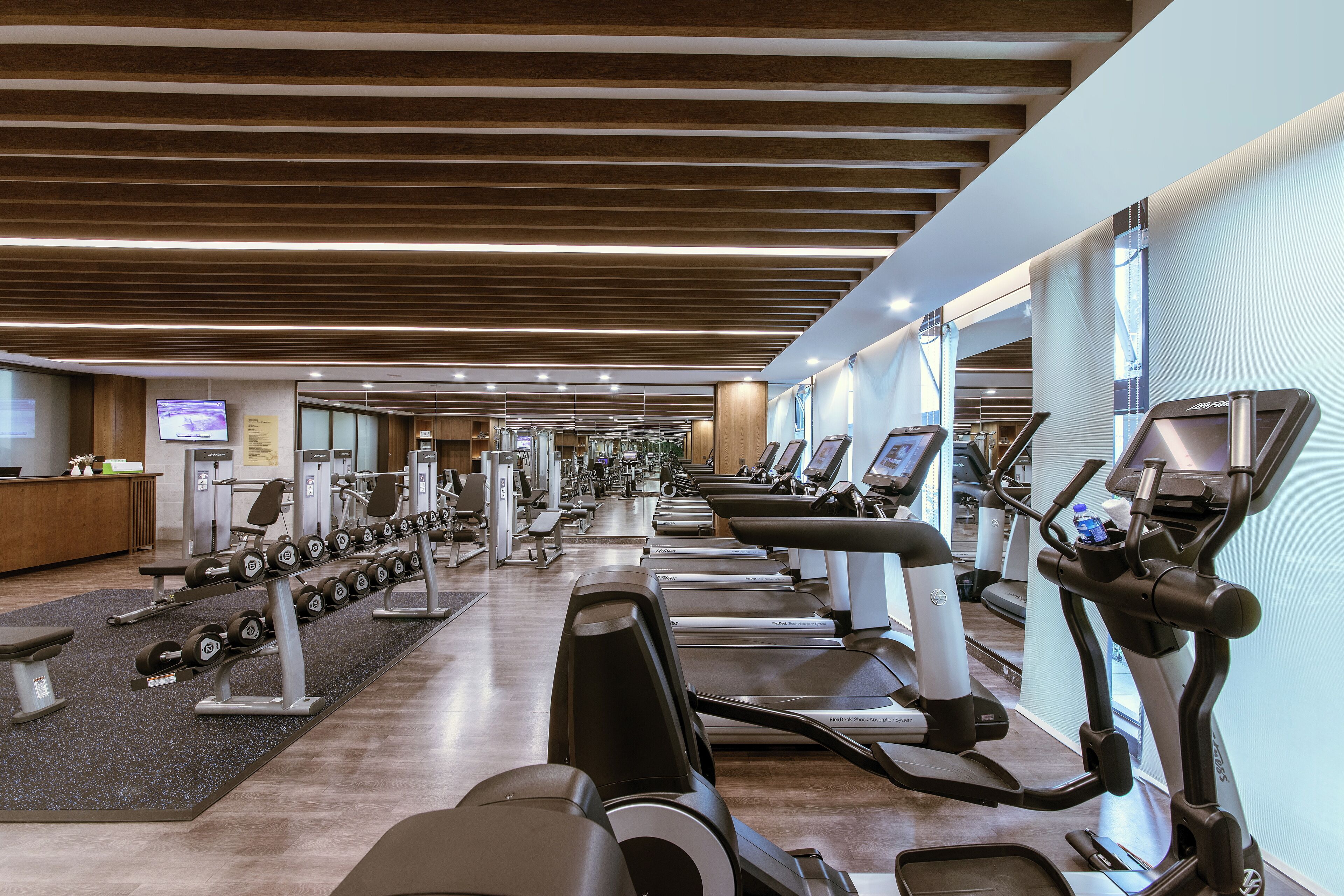 A gym with treadmills, weight machines, and dumbbells.