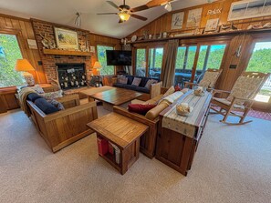 TV, fireplace, DVD player, books