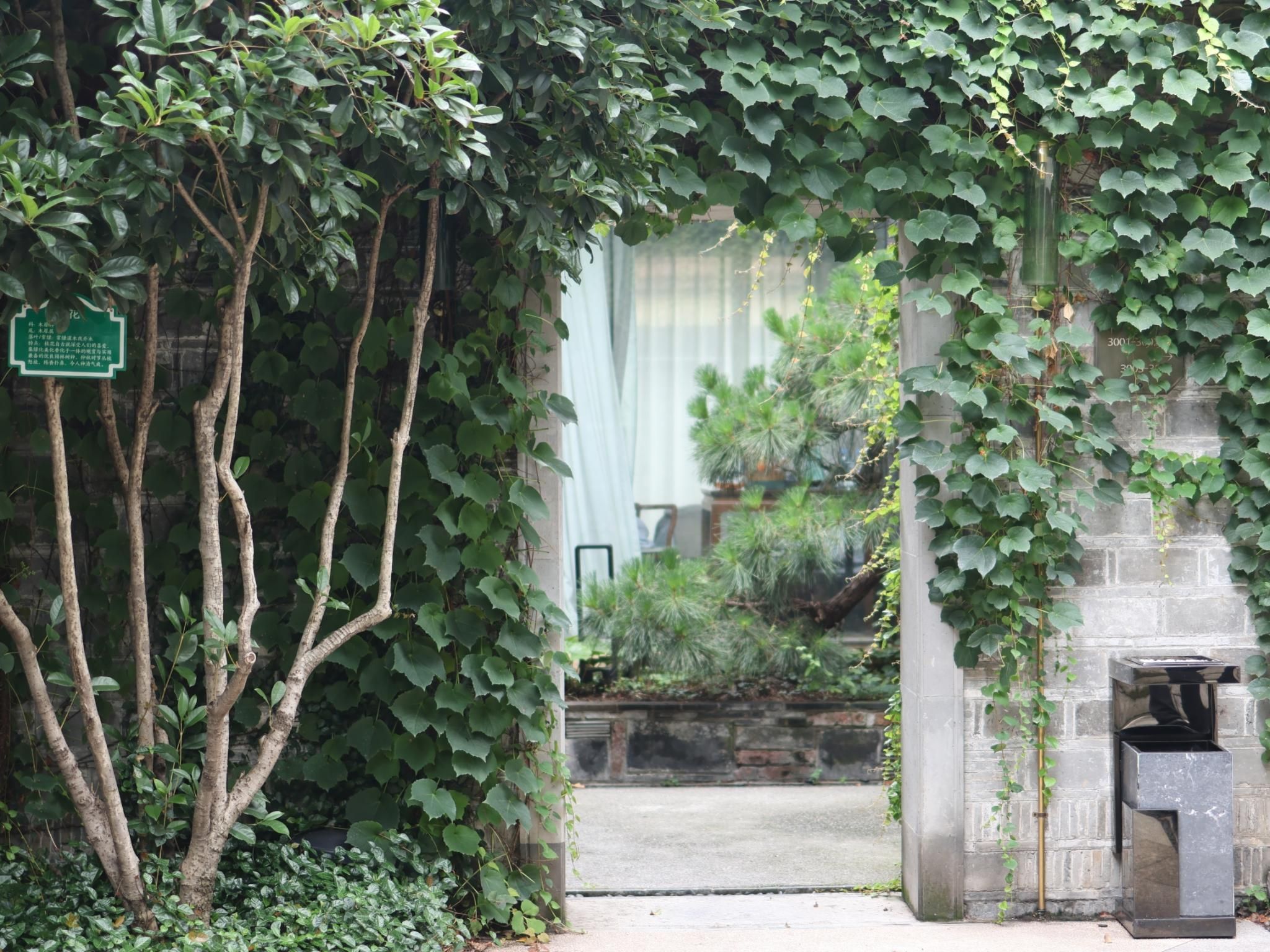 Un ingresso giardino con un muro in pietra, un cestino metallico e un cartello verde.