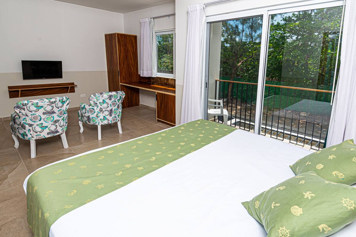 A bedroom with a bed, two chairs, a TV, a desk, and a balcony with a view of trees.