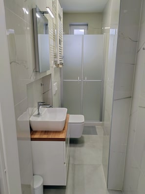 Douche, séchoir à cheveux, serviettes fournies