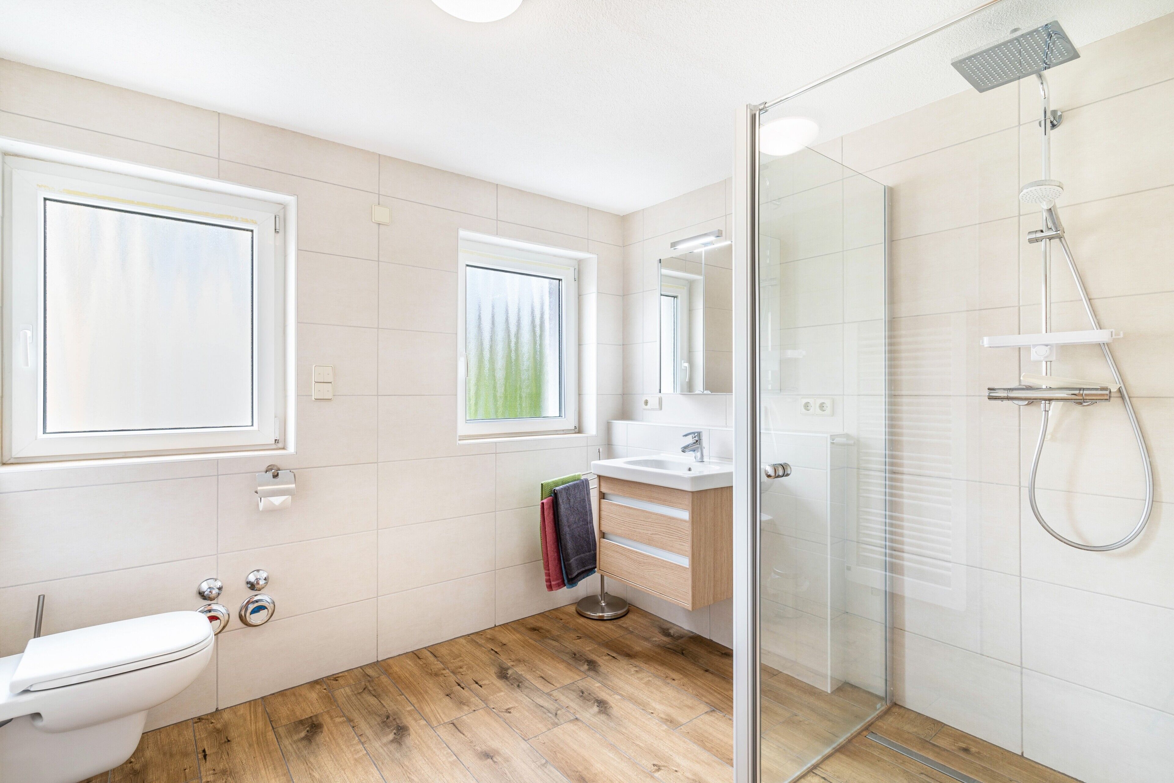 Shower, hair dryer, towels