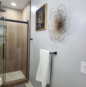 Shower, hair dryer, towels, soap