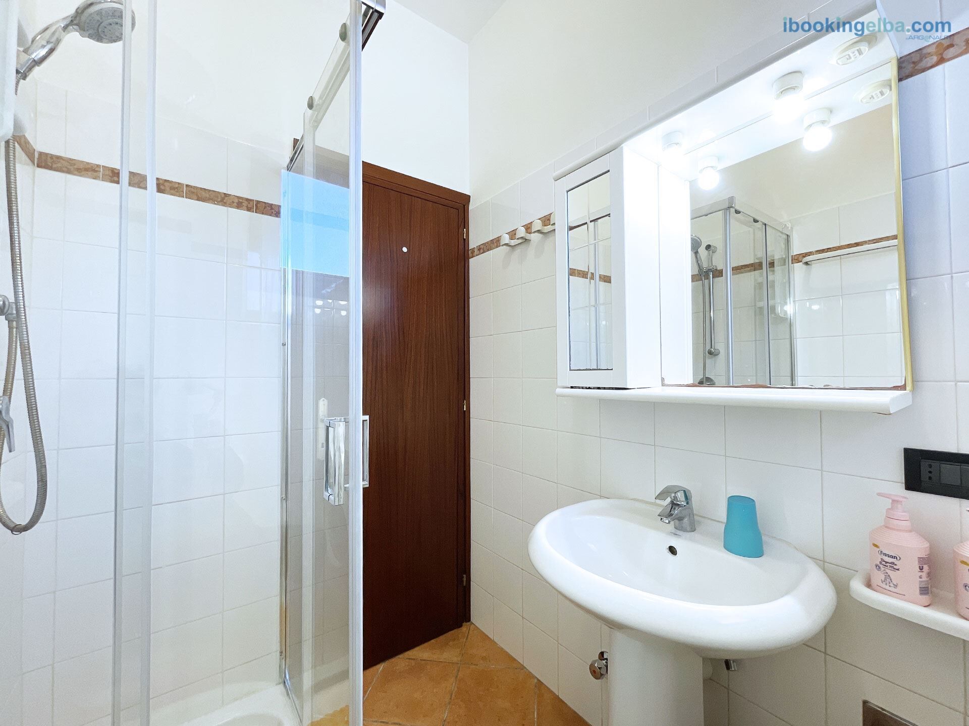 Een badkamer met een douchecabine van glas, een witte wastafel met een spiegel erboven en een houten deur.
