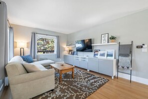 Smart TV, fireplace, books, offices