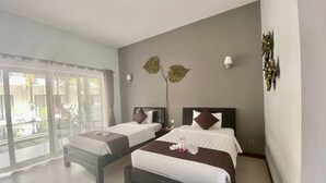 A hotel room with two beds, a large window, and a view of the outdoors. - Crystal Hotel (Siem Reap)