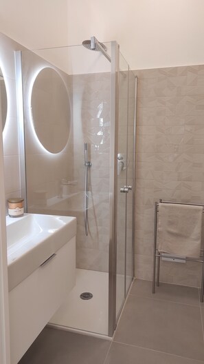 Shower, hair dryer, bidet, towels