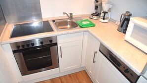A compact kitchen with a double sink, stove, and dishwasher.