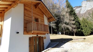 A wooden cabin with a balcony, a door, and a sign that reads "Cabin".