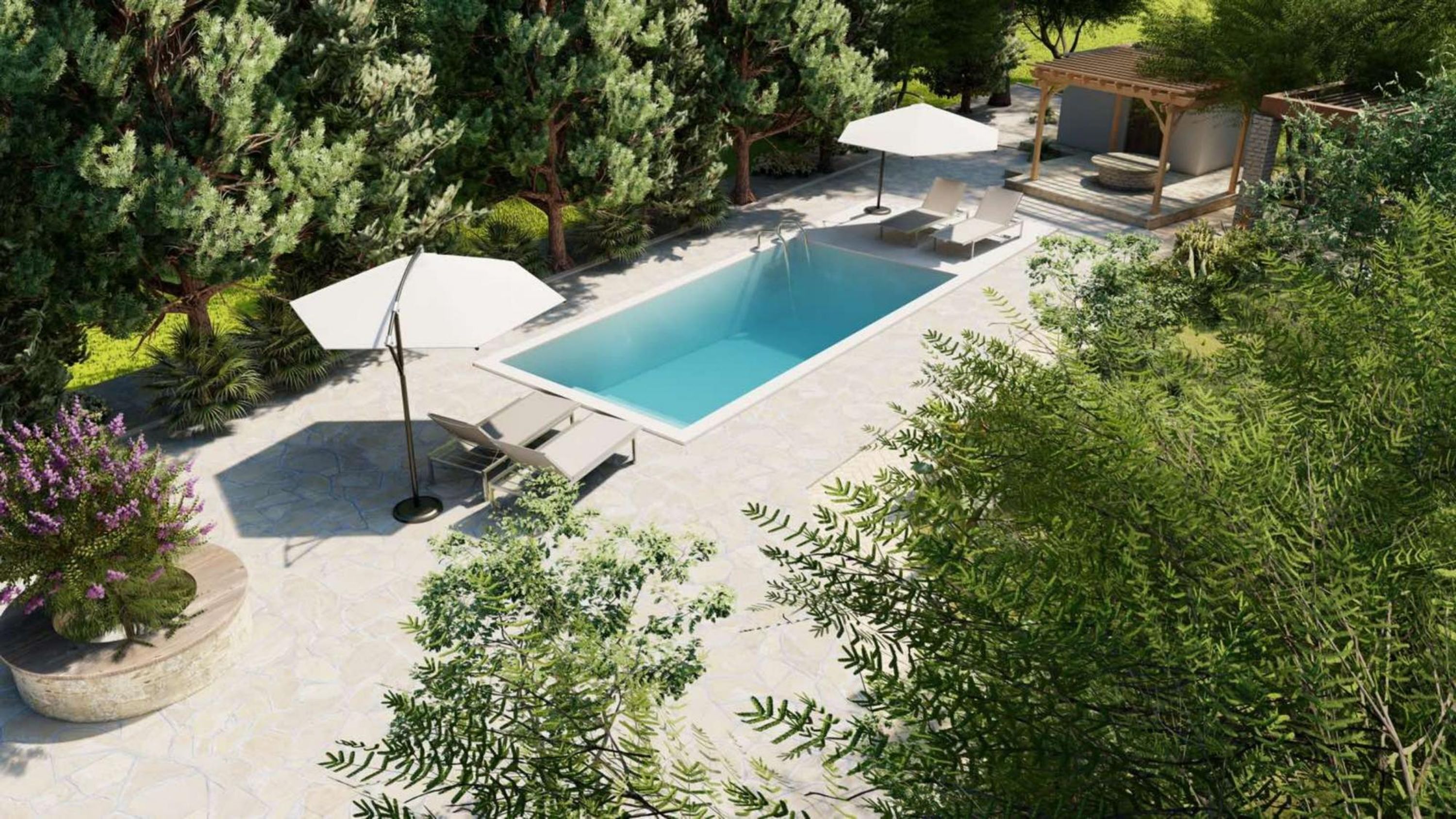 A rectangular swimming pool with a tiled deck, surrounded by lush greenery and trees. There are two white umbrellas and a pergola structure in the background.