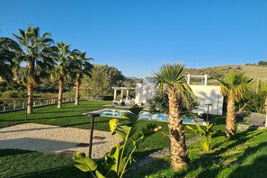 Ein modernes Haus mit Swimmingpool, umgeben von Palmen und einem gepflegten Rasen.