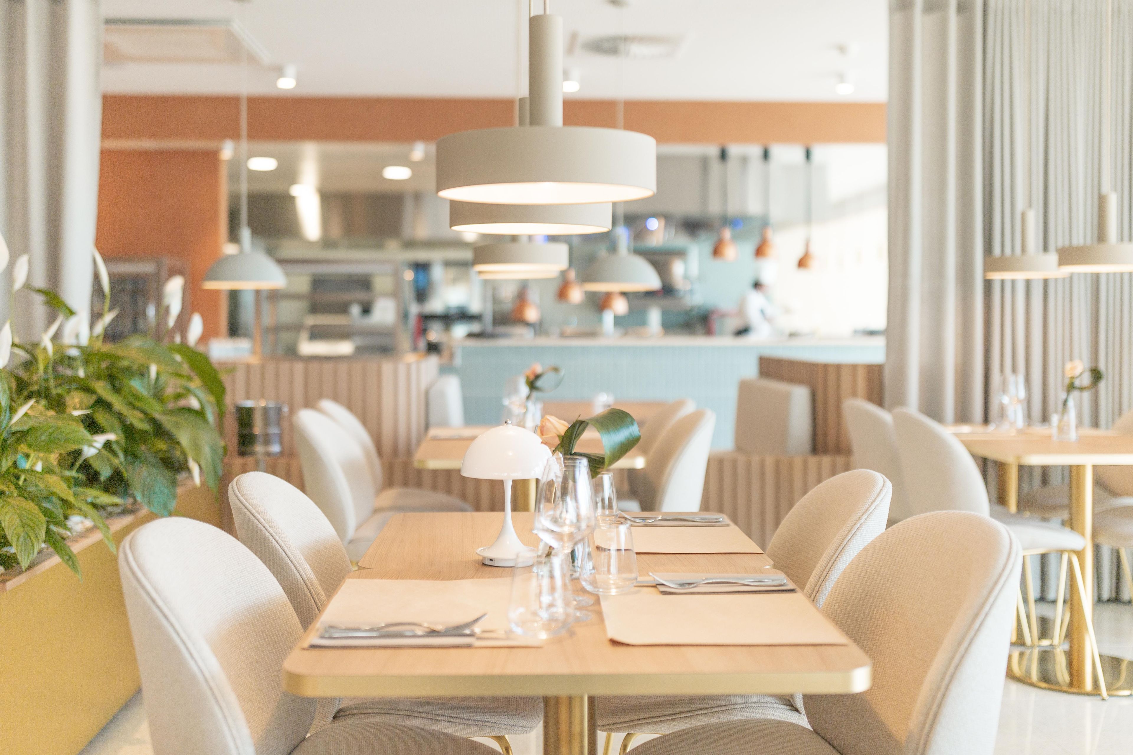 Un restaurante con una mesa larga dispuesta para comer, sillas y una planta al lado.